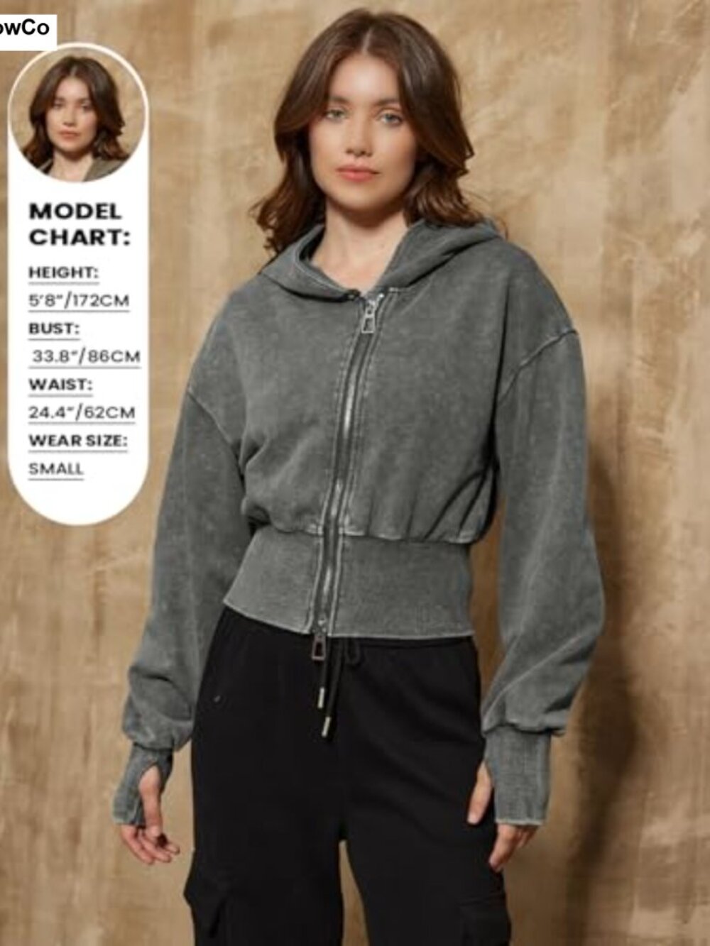Washed Crop Zip Up Hoodie Long Sleeve Athletic Sweatshirt - Picture 2 of 6